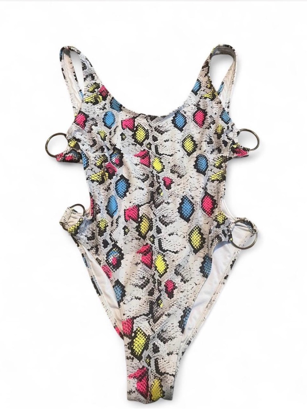 Fashion Nova Neon Snake-Print One-Piece Swimsuit in Pink, Blue & Yellow